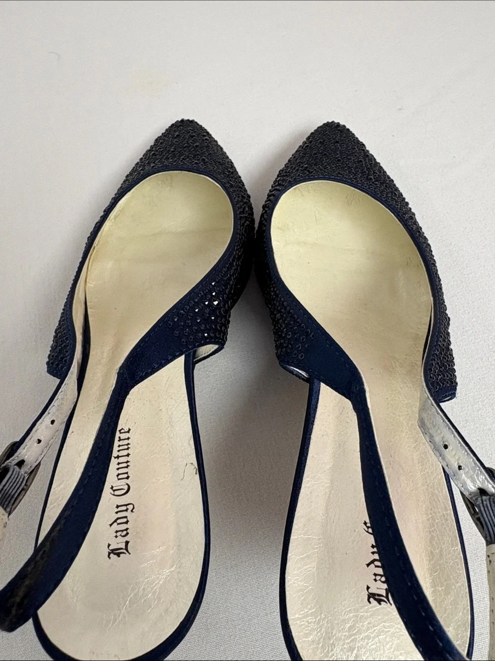 Lady Couture Onyx 40 Navy Rhinestone Slingback Heels Size 40